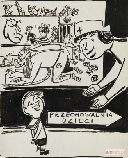 Jerzy CISZEWSKI | W Centralnym Domu Dziecka, ilustracja satyryczna do czasopisma Mucha nr 51, 1951 r.