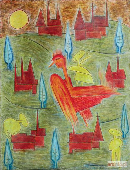 ŻEBROWSKA Zofia | Pejzaż z ptakiem, postaciami i kościołami, 1952