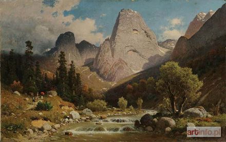 ŚWIESZEWSKI Aleksander | PARA WĘDROWCÓW Z PRZEWODNIKIEM W ALPACH(Pejzaż z Gór Królewskich w Tyrolu), ok. 1875-80