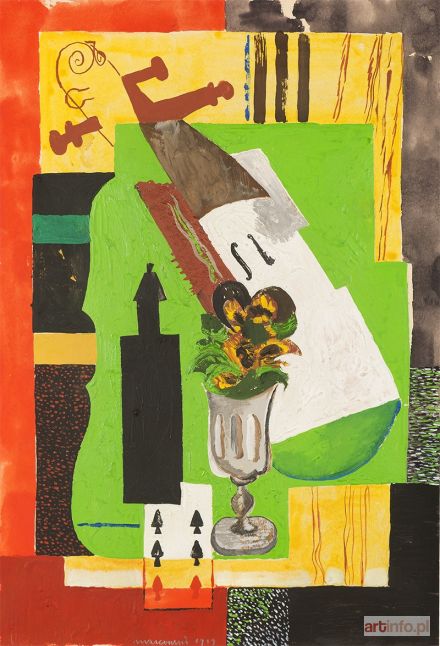 MARCOUSSIS Louis | Violin, bouteille, fleurs dans un verre et six de pique, 1919