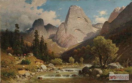 ŚWIESZEWSKI Aleksander | PARA WĘDROWCÓW Z PRZEWODNIKIEM W ALPACH (Pejzaż z Gór Królewskich w Tyrolu), ok. 1875-80
