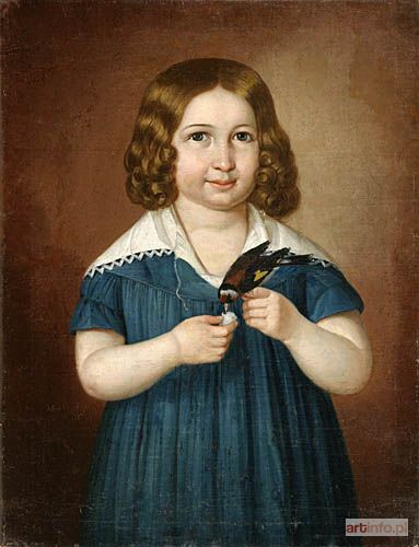 MALARZ NIEMIECKI, 1 poł. XIX w. | PORTRET DZIEWCZYNKI KARMIĄCEJ PTAKA, 1842 r.