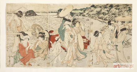 UTAMARO Kitagawa | Podróżni podążający plażą nieopodal wyspy Enoshima, ok. 1795-1800