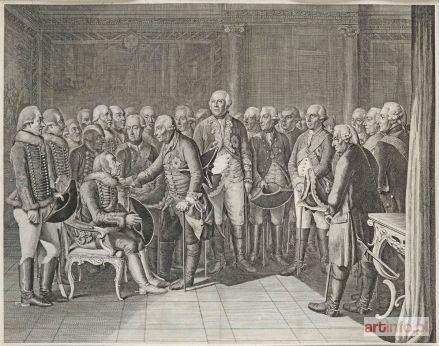 CHODOWIECKI Daniel Mikołaj | [FRYDERYK II WIELKI i stary wojak von Ziethen] Ziethen vor seinem Koenig sitzend, 1786