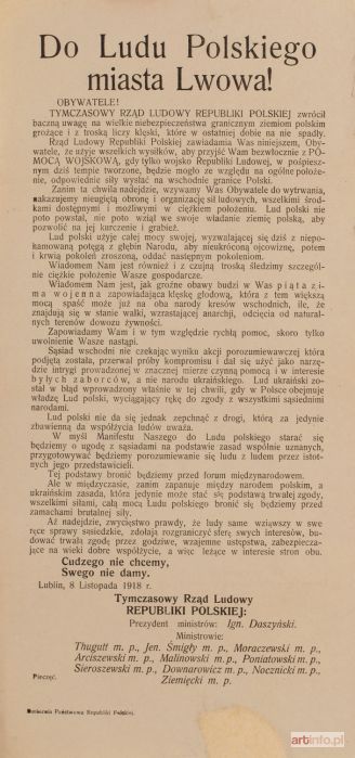 AUTOR nierozpoznany | Odezwa Tymczasowego Rządu Ludowego Republiki Polskiej do mieszkańców Lwowa, 1918 r., Drukarnia Państwowa Republiki Polskiej, Lub