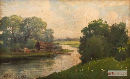 WROŃSKI Stanisław | PEJZAŹ Z RYBACKĄ CHATĄ NAD RZEKĄ, 1895